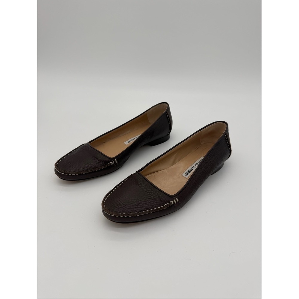 Manolo Blahnik Dark Brown Leather Slip-On Loafers size 38 size 8 - Picture 2 of 8